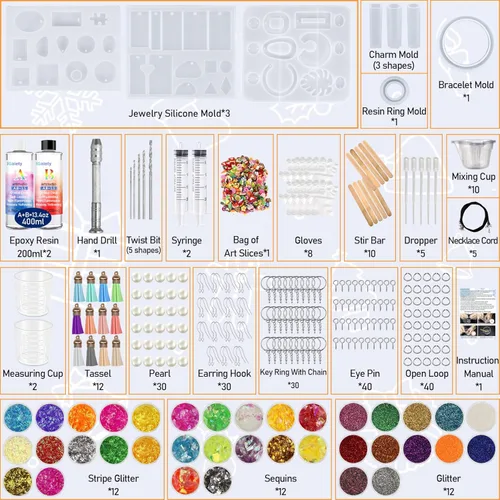 Miniatura 2 de IGaiety Kits de resina para fabricación de joyas, kit de iniciación de moldes de silicona, paquete de 278 piezas con resina epoxi de silicona