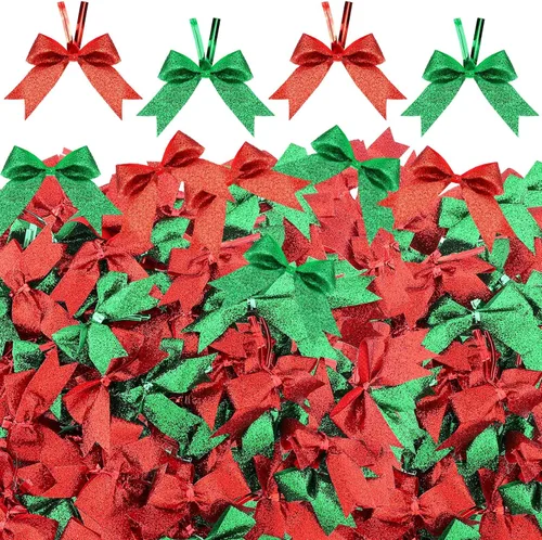 Xinnun 100 lazos de cinta de Navidad de 2 pulgadas con purpurina, mini lazos de poliéster brillantes para Navidad, manualidades, apliques de verde