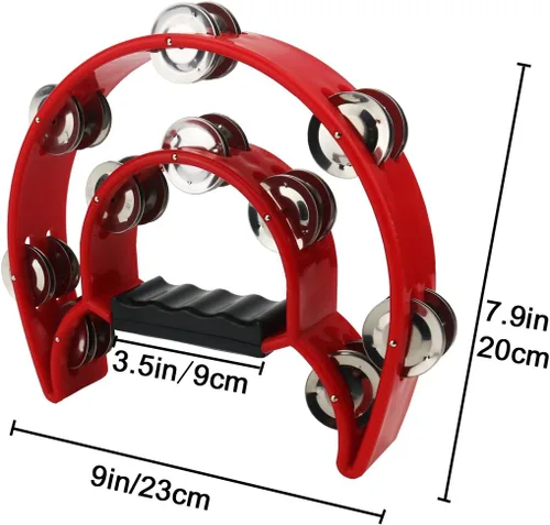 Miniatura 5 de Ogrmar Tambor de percusión de mano con pandereta de doble fila con mango ergonómico para regalo, KTV, fiesta, juguete para niños (rojo)