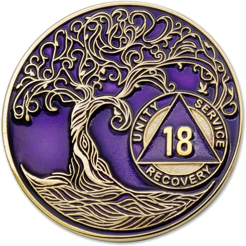 Miniatura 115 de 20 Year Sobriety Mint Twisted Tree of Life - Medallón de recuperación AA chapado en oro, fichas y fichas, color negro