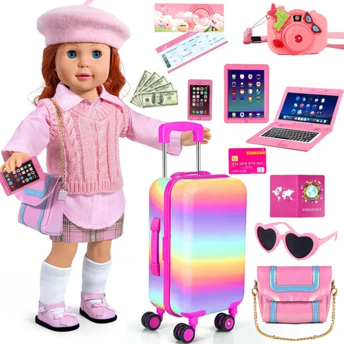 WONDOLL 27 piezas de ropa y accesorios para muñecas americanas de 18 pulgadas - juego de viaje, maleta de equipaje, ropa y zapatos, bolso, gafas de