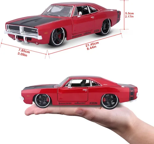Miniatura 7 de 1969 Dodge Charger R/T Rojo Metálico con Capucha Negra y Rayas Negras Classic Muscle 1/25 Modelo de Auto Fundido a Presión por Maisto