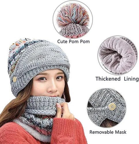 Miniatura 4 de Gorro de invierno para mujer con forro polar y solapas para las orejas con pompón bufanda y máscara cálido suave y holgado