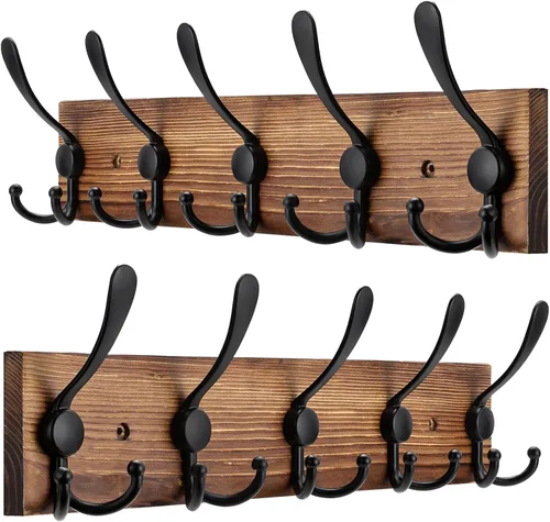 Miniatura 9 de Kuhome Perchero de madera para colgar sombreros de pared, tablón de madera real de pino de 16.9 pulgadas, color marrón, con 5 ganchos triples