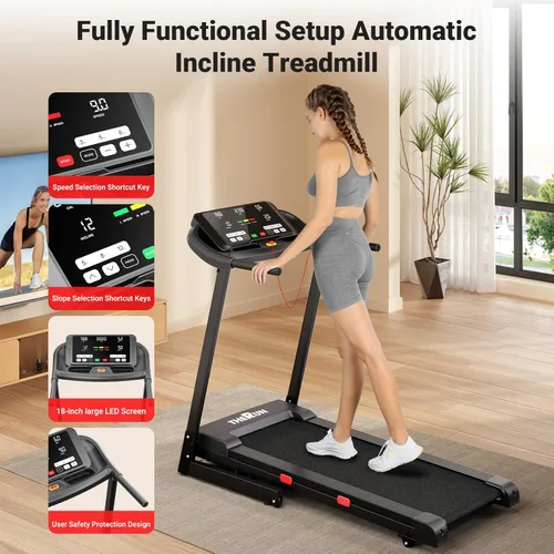 Miniatura 7 de THERUN Cinta de correr con inclinación, 0-12% de inclinación automática para correr y caminar, capacidad de peso de 300 libras, banda ancha, 3.0HP