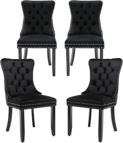Miniatura 16 de Juego de 2 sillas de comedor de terciopelo, silla de comedor tapizada de alta gama con tirador de anillo en la espalda, adorno de clavos y patas