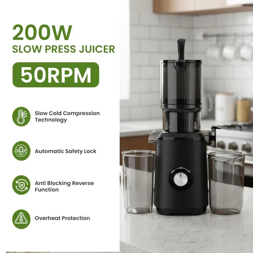 Miniatura 5 de Simple Deluxe Exprimidor de prensa en frío, exprimidor de masticación lenta con canal de alimentación ancho, alto rendimiento de jugo y libre de BPA