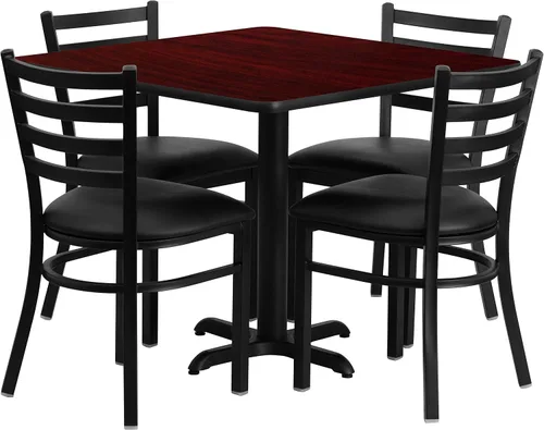 Flash Furniture Juego de mesa cuadrada de laminado de caoba de 36 pulgadas con base en X y 4 sillas de metal con respaldo de escalera, asiento de