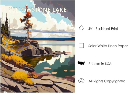 Miniatura 7 de Yellowstone Lake - Póster impreso artístico, ilustración, arte de pared, decoración de paisaje retro, paisaje, obra de arte para decoración de Lago