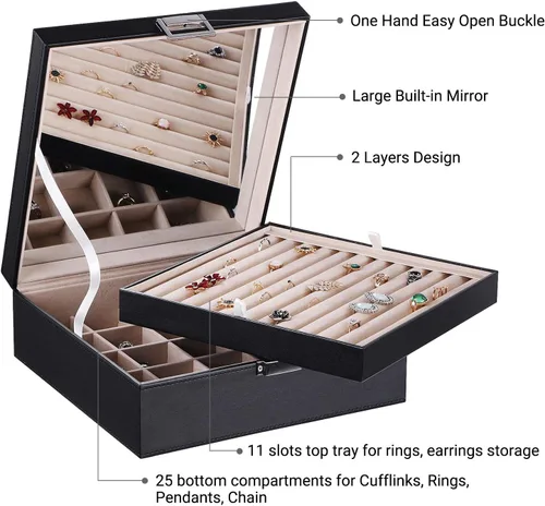 Miniatura 7 de BEWISHOME Organizador de anillos y soporte para caja de aretes, 11 ranuras para anillos, 25 compartimentos para aretes, espejo grande, 2 capas