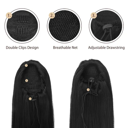 Miniatura 3 de BARSDAR Extensión de Cola de Caballo Corta y Recta - Extensiones de Cabello de Cola de Caballo Negra con Cordón de 16 Pulgadas para Mujeres - Negro