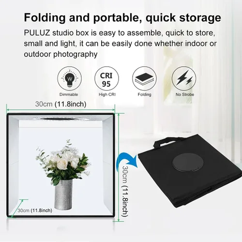 Miniatura 7 de Caja de luz, PULUZ 11.8"/30cm Caja de luz para estudio fotográfico, caja de luz portátil con brillo ajustable, caja de luz profesional plegable