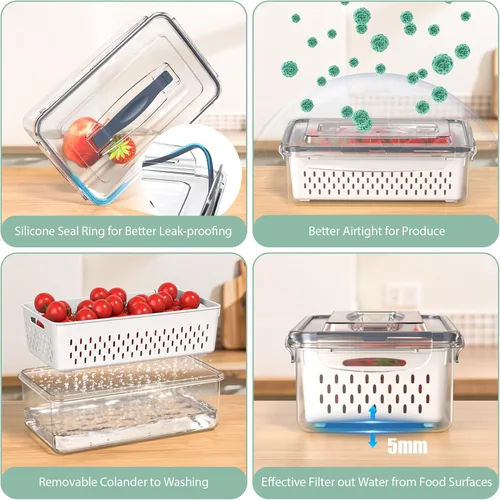 Miniatura 5 de 5 recipientes de almacenamiento de frutas para refrigerador con colador extraíble y tapa con asa, organizadores y almacenamiento de refrigerador