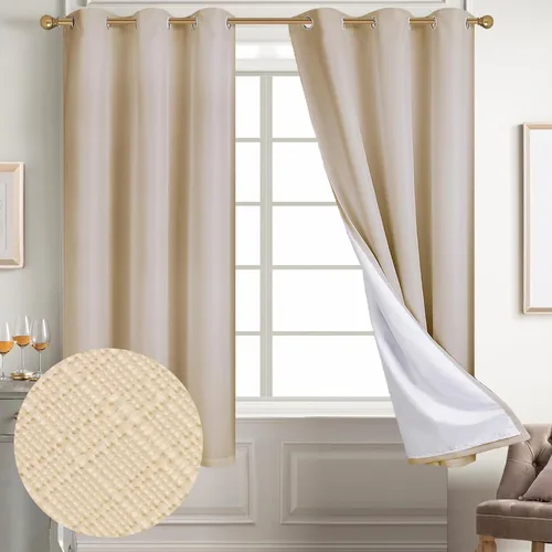 Miniatura 2 de Diraysid Cortinas 100% opacas de lino beige para dormitorio, con ojales, aislamiento térmico, cortinas de oscurecimiento de habitación