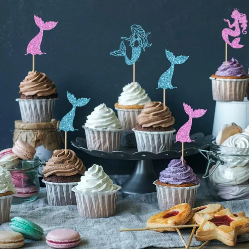 Miniatura 3 de 12 adornos para cupcakes con temática de cola de sirena, decoración de fiesta de cumpleaños