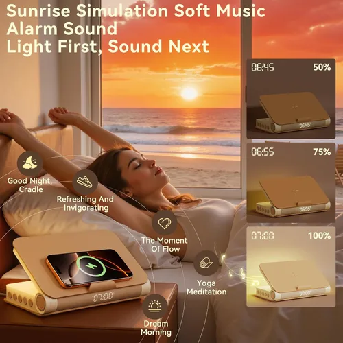 Miniatura 5 de Vivilumens Altavoz Bluetooth de carga inalámbrica 5 en 1 altavoz fuerte para adultos adolescentes forma de libro estética amanecer luz de despertar