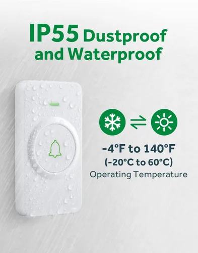 Miniatura 3 de AVANTEK Timbre de puerta inalámbrico, CW-12 Mini timbre impermeable que funciona a 1000 pies con 52 melodías, 5 niveles de volumen y flash LED 2