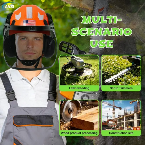 Miniatura 9 de Aolamegs Casco de motosierra con protector facial y orejeras, casco forestal naranja con protección auditiva y máscara de malla completa, casco
