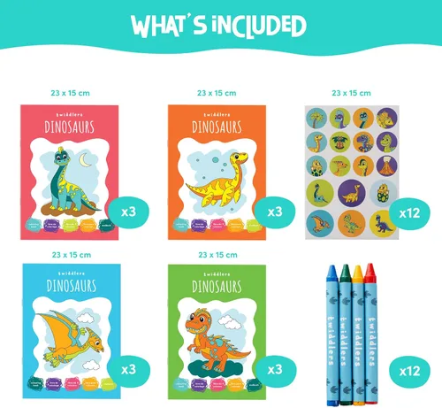 Miniatura 3 de THE TWIDDLERS 12 libros de dinosaurios para colorear para niños (4 temas, 48 crayones 216 calcomanías), mini libros para colorear para niños