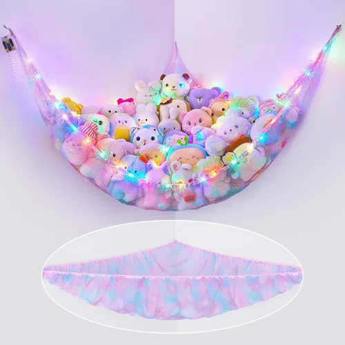 Miniatura 16 de Basumee Hamaca de animales de peluche con luz LED, organizador de red de juguetes de peluche, organizador de esquina para almacenamiento de animales