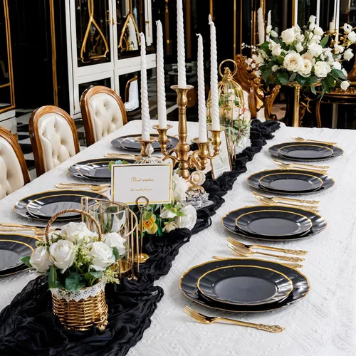 Miniatura 2 de supernal 60 piezas Platos de Cumpleaños Negros y Dorados Platos de Plástico para Fiestas y Platos Desechables Elegantes Platos Festoneados