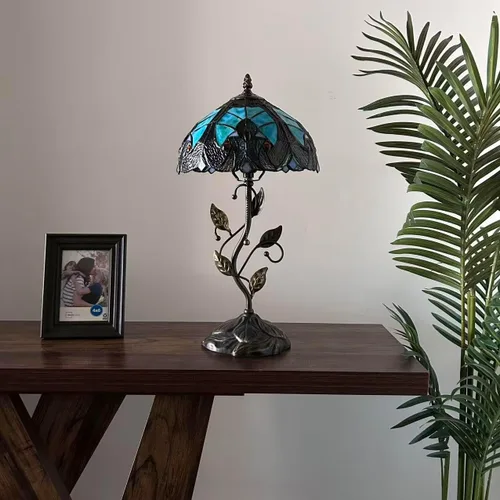 Miniatura 6 de Tiffany - Lámpara de mesa verde y marrón, hierro con hojas de metal, base de bronce, incluye bombilla LED, lámpara de enlace para sala de estar