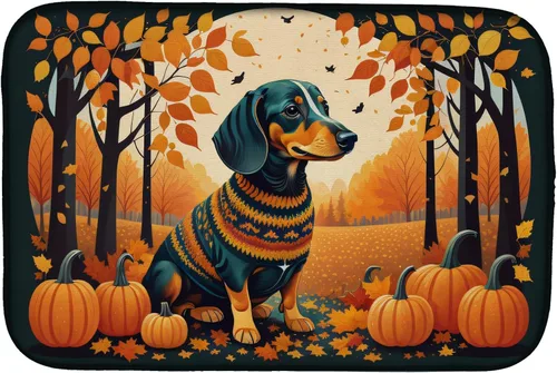 Caroline's Treasures DAC1042DDM Tapete de secado de platos de otoño con perro salchicha absorbente para secar platos para encimera de cocina, tapete