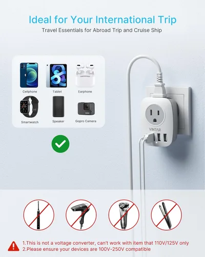 Miniatura 6 de VINTAR - Paquete de 2 adaptadores de enchufe de viaje para Italia, adaptador de corriente con 2 tomas, 4 puertos USB (1 USB C), adaptador de enchufe