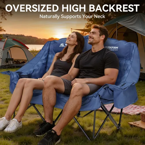 Miniatura 4 de Huskfirm Silla de campamento doble acolchada con respaldo alto para 2 personas, silla de campamento de gran tamaño, soporte de sofá biplaza de Azul
