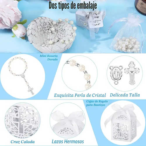 Miniatura 3 de El juego de 100 recuerdos de bautismo incluye 25 piezas de mini rosario, cajas de regalo de bautismo cortadas con láser, bolsas de organza blanca