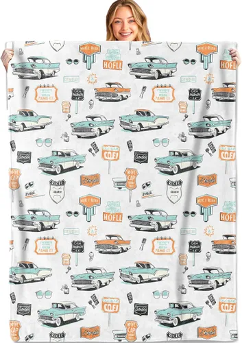 Manta vintage para automóvil, 50 x 60 pulgadas, franela suave, ligera, retro de los años 50, con signos de neón, regalos para niños y niñas, para