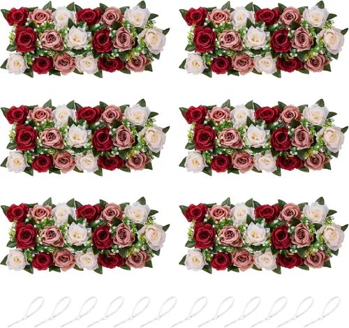 NUPTIO Centros de mesa de flores artificiales para mesas, 6 unidades, color borgoña, rosa polvorienta y blanco cremoso, arreglos de rosas falsas de