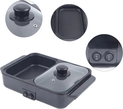 Miniatura 5 de CNCEST 2 en 1 portátil eléctrica olla caliente barbacoa parrilla antiadherente Teppanyaki Pan 110V Hotpot interior Grill Korean BBQ Combo (negro)