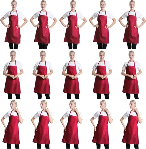 Total de 15 delantales con peto, color rojo oscuro, liso, para mujeres, hombres y adultos, con 2 bolsillos frontales, delantal de cocina para