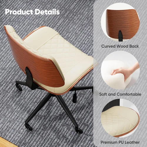 Miniatura 7 de Silla de escritorio de oficina en casa con ruedas giratorias, moderna silla de oficina sin brazos de piel sintética, pequeña silla de computadora
