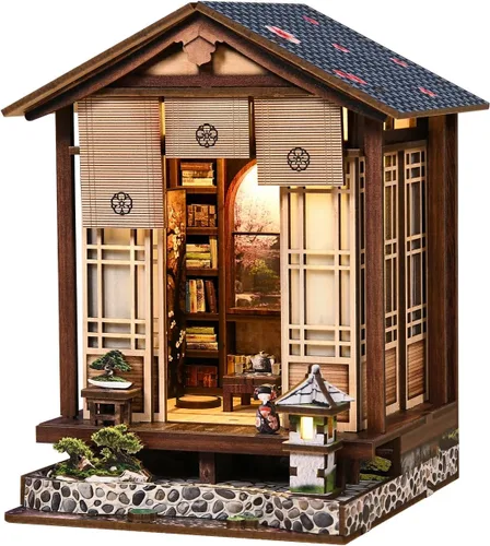 Miniatura 10 de Kit de rincón de libros para adultos, rompecabezas de madera 3D, kit de casa en miniatura de la biblioteca antigua con luz LED y cubierta antipolvo