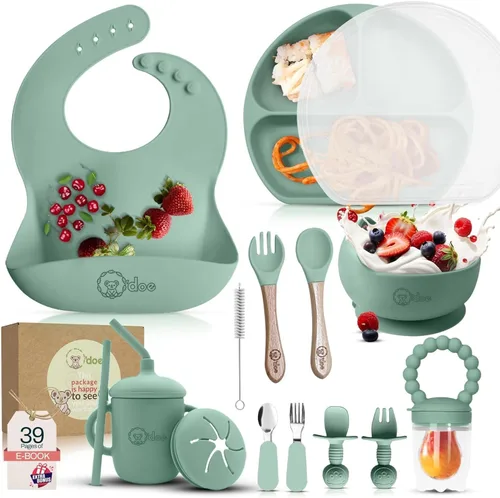 Miniatura 10 de O'doe Juego de alimentación para bebé de 17 piezas sin BPA de silicona Placas de succión gruesas y suaves, tazones para bebé, tenedor y cuchara