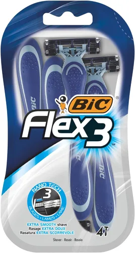 BIC Flex 3, cuchillas de afeitar de triple hoja para hombres, con cabezales de cuchilla móviles para un afeitado suave y cerrado, paquete de 4