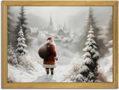 Arte de lienzo navideño vintage para pared, pintura decorativa de pared de Santa Claus con marco de madera, póster impreso de escena invernal de