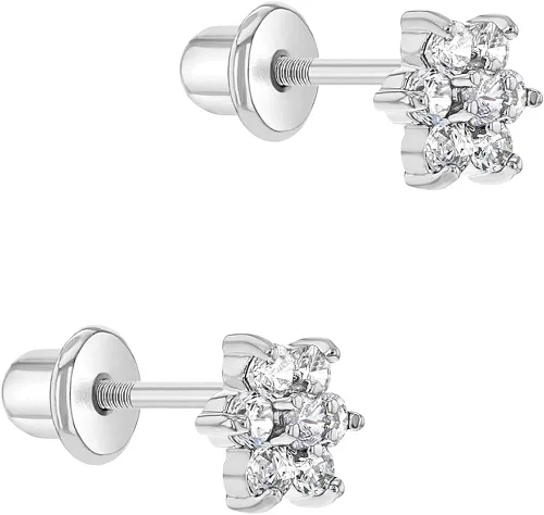 Miniatura 2 de Aretes de seguridad chapados en rodio con circonita cúbica, para niños pequeños y niñas jóvenes, de 0.197in, delicados y brillantes aretes florales