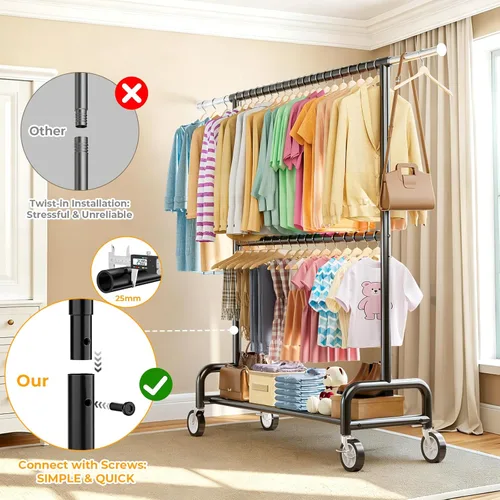 Miniatura 8 de Perchero de ropa resistente con carga de 860 libras, estantes de ropa rodantes de doble barra para colgar ropa, estante de ropa rodante con estantes