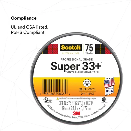 Miniatura 10 de 3M Scotch Super 33+ Cinta eléctrica, 3/4 pulgadas x 76 pies, vinilo de alta calidad para todo tipo de clima, resistente a la abrasión, la humedad
