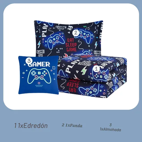 Miniatura 8 de Juego de edredón para niños Kaleido Space tamaño individual para niños, juego de ropa de cama para niños con luz en la oscuridad para jugadores, 1