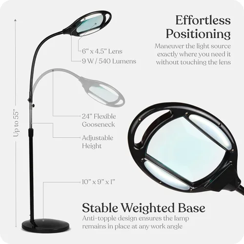 Miniatura 5 de Brightech Lámpara de pie de aumento LightView Pro - Lupa con manos libres con luz LED brillante para la lectura - Luz de trabajo con cuello de cisne