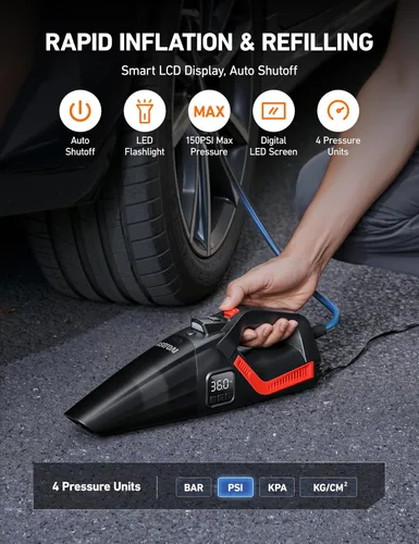 Miniatura 10 de AstroAI - Aspiradora de coche 4 en 1 y compresor de aire para neumáticos portátil con accesorios, pantalla digital de doble valor, 150 PSI, bomba