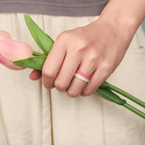 Miniatura 53 de Egnaro Anillos de boda de silicona para ella, conjuntos de novia de goma para mujer, bandas finas, diseño trenzado de hojas apilables con ranuras