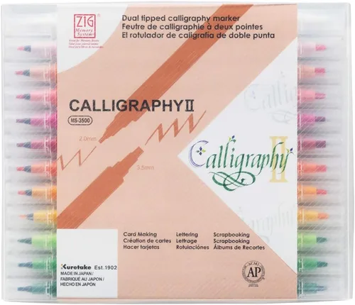 Kuretake Zig Calligraphy - Juego de 2 marcadores de doble punta, 24 colores, 0.079 in, 0.138 in, puntas cuadradas, certificado AP, sin ensuciar,