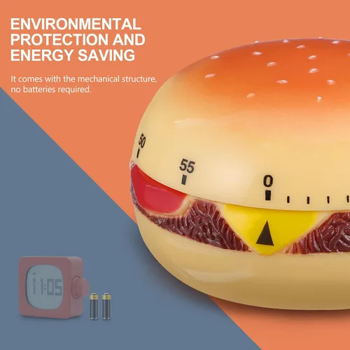Miniatura 4 de Cabilock Temporizador mecánico de cocina, en forma de hamburguesa de 60 minutos, recordatorio de huevo giratorio de viento de cuenta regresiva