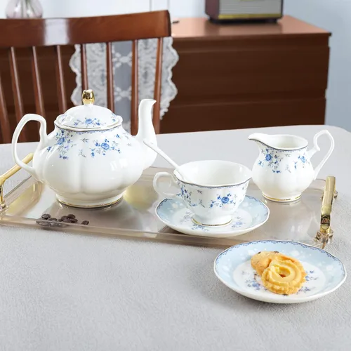 Miniatura 5 de fanquare Juego de té de porcelana de rosa azul, tetera floral británica con tazas de té, juego de fiesta de té para mujer para 6