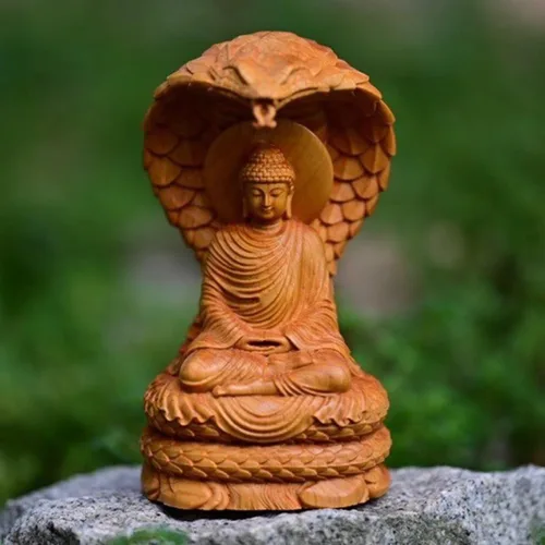 Miniatura 3 de Estatua de Buda con cabeza de guardián de serpiente, estatua de Buda Shakyamuni de madera de 4.7 pulgadas de alto, estatuas de Buda para decoración